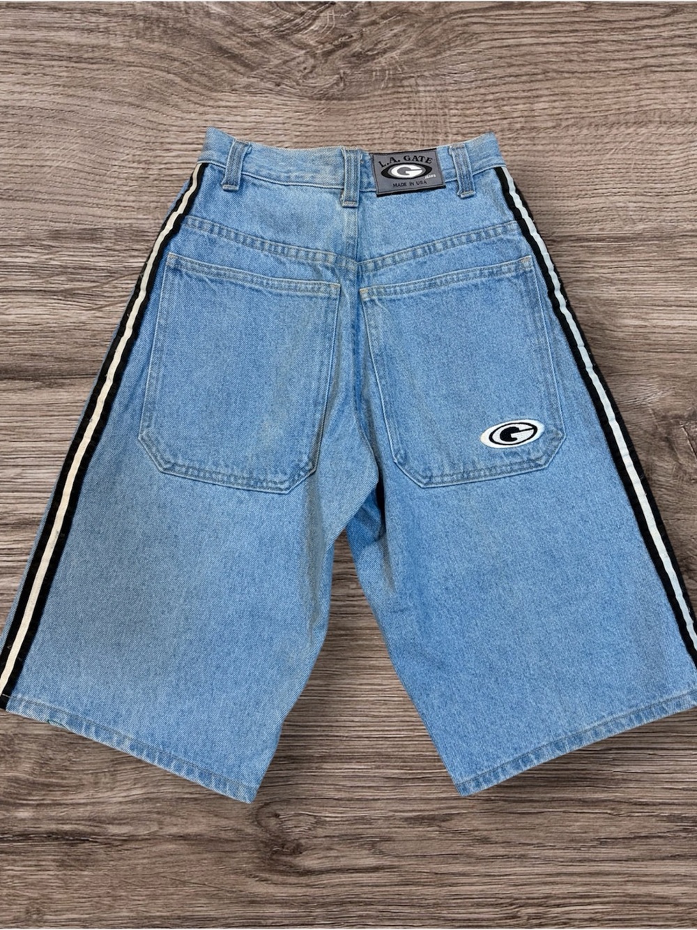 Light Blue Denim Men’s Shorts with I Black & White Side Stripes by LA GATE